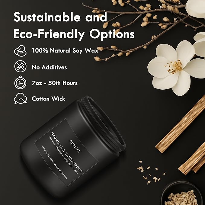 Magnolia & Sandalwood Candle | Masculine Candle - Candles for Men, Soy Candles for Home Scented, Manly Scented Decor for Home - Gifts for Men, 7oz Black Jar, Long Lasting