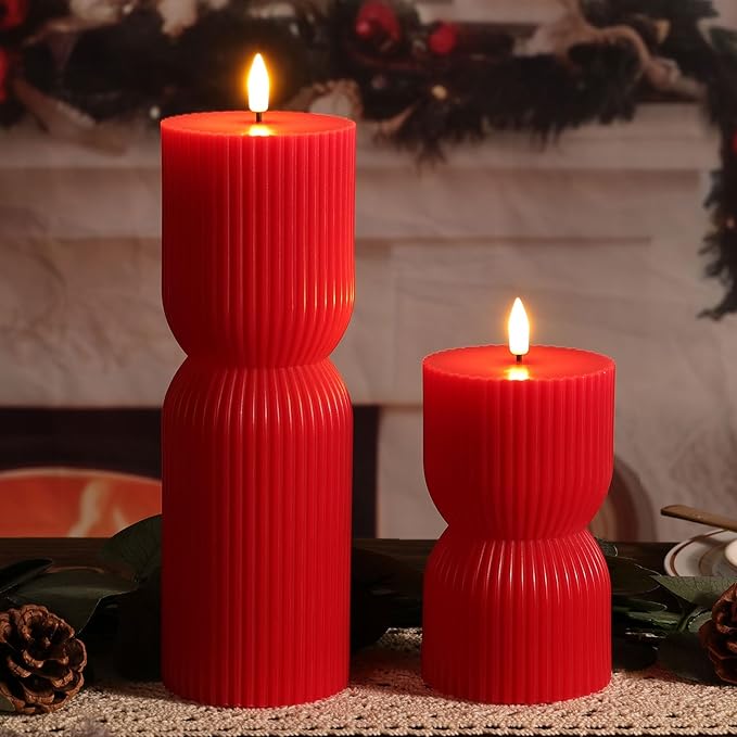 Red Ribbed Flameless Pillar Candles with Remote, Christmas LED Wax Candles Flickering Battery Powered Set of 2