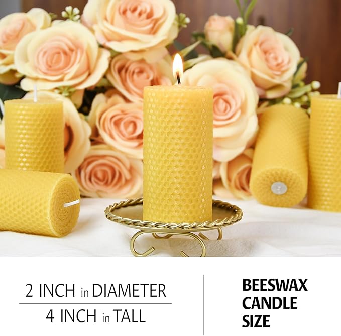 Drippless Beeswax Pillar Candle - Set of 2 - Hand Rolled Pure Natural Beeswax Candles 2 x 4 inch, Honeycomb Surface - Great for Home Decor, Best Choice for Mother Father or Sister Gift - Yellow