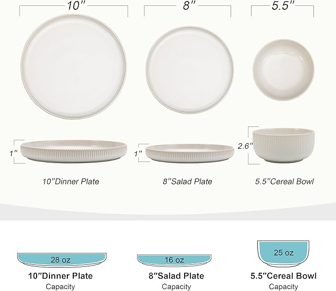 Frewinky Ceramic Dinnerware Sets for 8, Round Reactive Glaze Porcelain Plates and Bowls Sets, Scratch Resistant Modern Dishes Set, Dishwasher & Microwave Safe, Service for 8-White