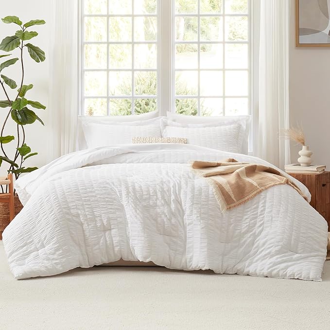 CozyLux Twin Comforter Set with Sheets 5 Pieces, White Seersucker Textured Bed in a Bag for Girls, Luxury Soft Bedding Set with Down Alternative Comforter, Sheets, Pillowcases & Shams for All Seasons