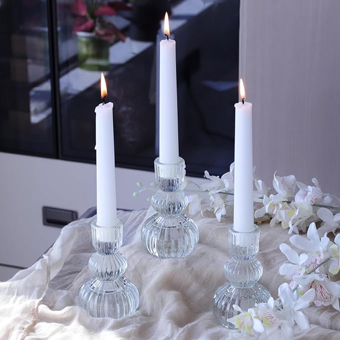 Woho Clear Ribbed Candlestick Holders 4.3" H Set of 6 for Wedding Table Centerpiece, Glass Taper Candle Holders for Holiday Home Decor, Vintage Candle Sticks Holder Decor for Thanksgiving Christmas