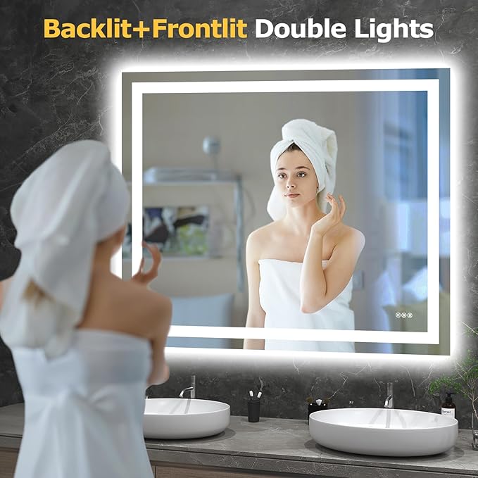 48X40 LED Bathroom Mirror with Lights, Anti-Fog, Dimmable, Backlit + Front Lit, Smart Bathroom Vanity Mirror, Memory Function, Shatterproof, Tempered Glass (Horizontal/Vertical)