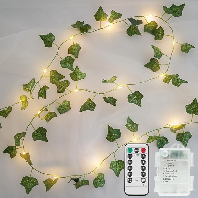 suddus Vine with Fairy Lights Battery Operated, 13.1ft 40 LED Ivy String Light with Remote, Leaf Lights for Bedroom, Room, Wall, Garden, Party, Wedding Decor (Warm White)