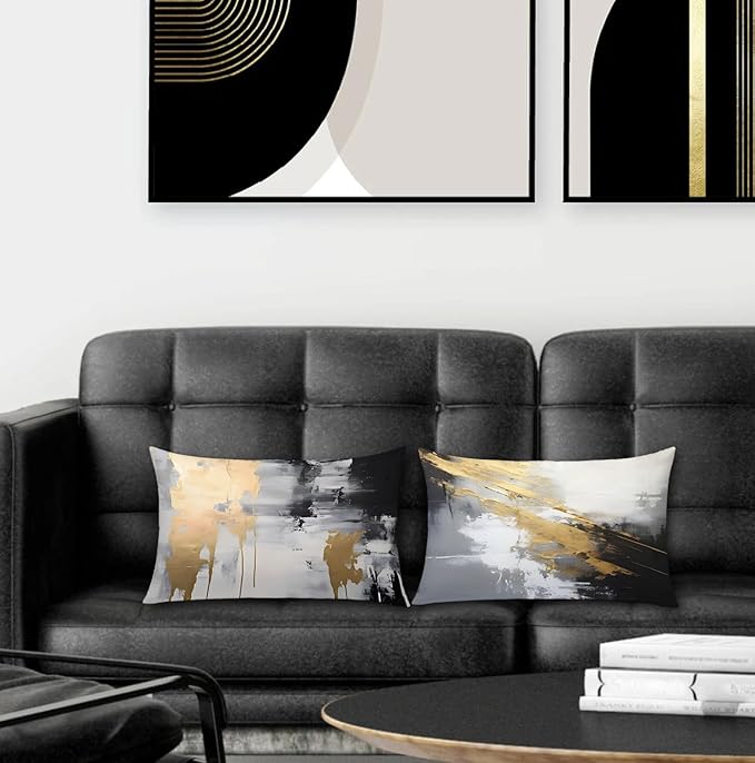 Black and Gold Pillow Covers 12x20 Set of 2, Abstract White Modern Covers for Couch Bed Living Room