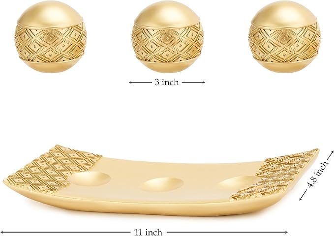 Gold Spheres Orbs Set of 3 with Tray for Centerpiece Table Decoration, Golden Accent Center Piece for Home Dining Room Table Centerpiece Decoration