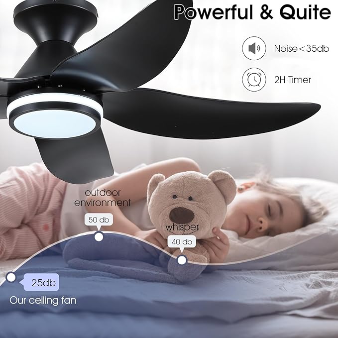 46 inch Ceiling Fans with Lights and Remote/APP Control, Modern Flush Mount Ceiling Fans with 5 Reversible Blades 6 Speeds, 3 Colors Dimmable+Ring Lights for Bedroom Dining Room, Black