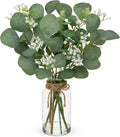 Artificial Eucalyptus Stems with Baby Breath Flowers in Glass Vase with Faux Water, 14" Fake Plant Eucalyptus Leaves for Home Farmhouse Wedding Centerpiece Bathroom Décor