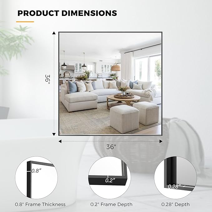 36x36 Inch Black Bathroom Mirror for Wall, Aluminum Frame Rectangle Rectangular Vanity Mirror, Modern Large for Bedroom, Living Room, Horizontal or Vertical