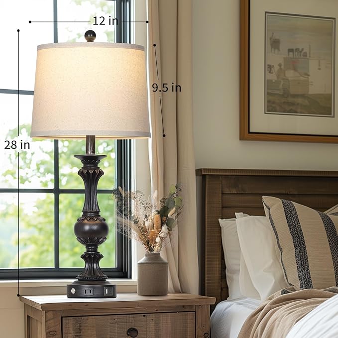 28" Farmhouse Table Lamps Set of 2, Retro Lamps for Living Room with USB C+A Ports & AC Outlet, 3 Way Touch Control Resin Bedside Lamp, Rustic Bedroom Lamp for Nightstand Side End Table Desk, Black