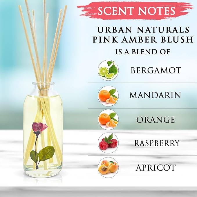 Urban Naturals Pink Amber Blush Reed Diffuser Set | Made with Essential Oils & Real Botanicals | Beautiful Florals, Luscious Fruits, Vanilla, Amber & Sandalwood | Made in The USA