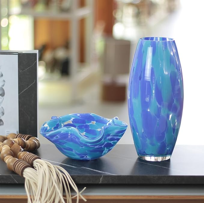 Ca D Oro Murano Style Decorative Blue Glass Bowl Confetti Effect Hand Blown Art Glass Crystal for Home, Room Decoration and Centerpiece - Waved