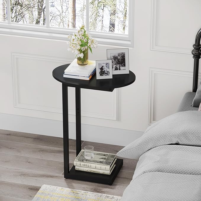 Hosfais Small Side Table End Table, C-Shaped Wood Coffee Table TV Tray for Eating Couch Tables for Small Space, Living Room, (Black)