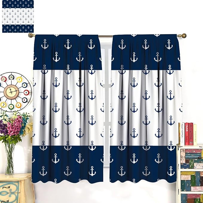 Anchor Pattern Curtains, Nautical Theme Navy Blue White Anchor Sea Life Adventure Print Blackout Window Treatments for Living Room Boys Men's Bedroom 63x63in