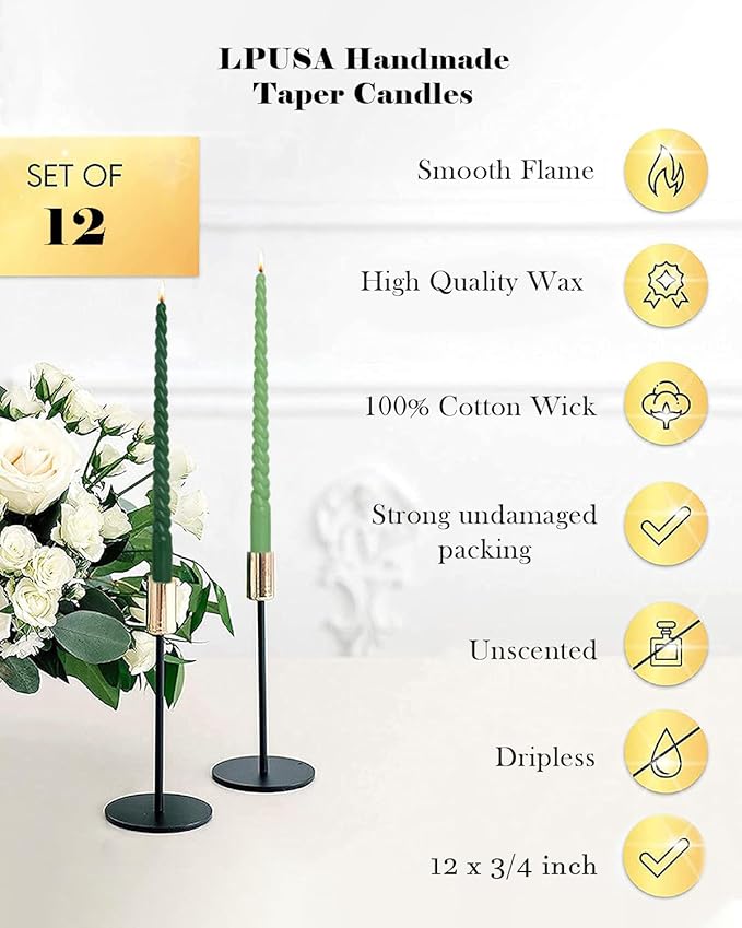 Candlestick Green Taper Candles 12 inch Unscented Smokeless Long Tall Tapered Candle for Candlesticks Sticks Wedding Advent Home Decor Dinner Christmas，Set of 12,Sprial