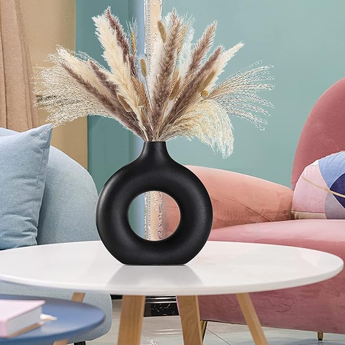 Black Ceramic Vase for Modern Home Decor, Round Matte Pampas Flower Vases Minimalist Nordic Boho Ins Style for Wedding Dinner Table Party Living Room Office Bedroom, Decorative Gift