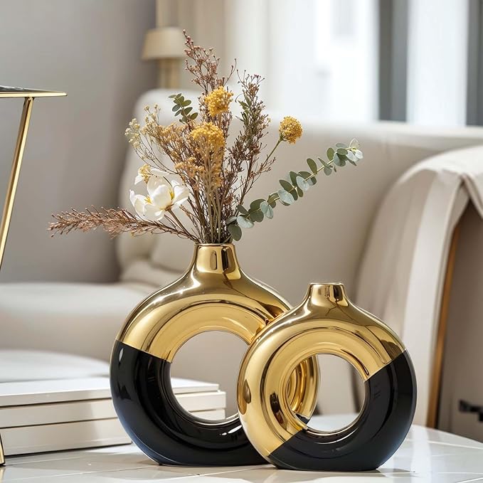 Black and Gold Ceramic Vase Set of 2,Round Donut Hollow Flower Vases for Home Decor Accents,Modern Minimalist Centerpiece Table Decorations,Wedding,Living Room,Bookshelf,Office,Entryway