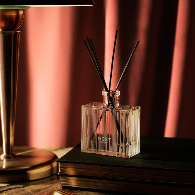 NEST New York Reed Diffuser, Rose Noir & Oud - 5.9 fl oz - Fragrance for Up to 90 Days - Reusable, Refillable Glass Holder - Includes 8 All-Natural Reed Sticks - Flame Free