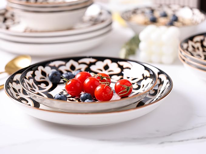 12 Pcs Porcelain Dinnerware Set for 4, Halloween-Themed Brown Floral Embossed Plates and Bowls, Euro Style Ceramic Dish Set with Gothic Vine Pattern, Dishwasher and Microwave Safe, QOMO-1996