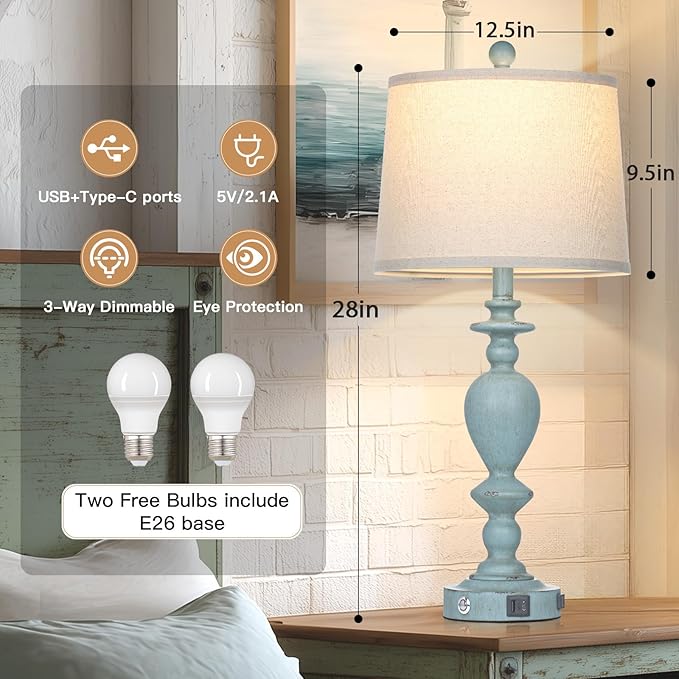 27.5" Coastal Table Lamp for Living Room Set of 2,Retro Blue Bedside Nightstand Lamps with USB C+A Ports & AC Outlet,3-Way Dimmable Touch Control Desk Lamp for Bedroom