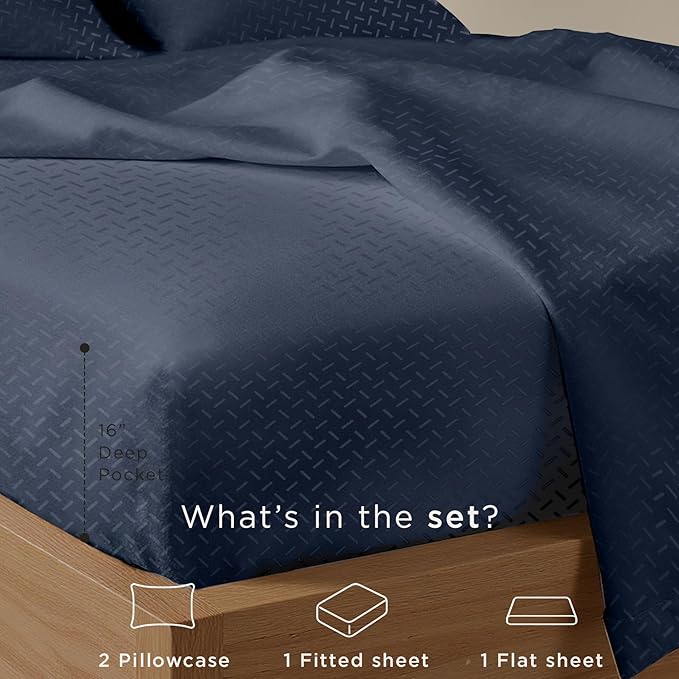 Threadmill Cotton Full Size Sheet Set | 100% Cotton Sheets for Full Size Bed | Damask Jacquard Full Bed Sheets Set with 16” Deep Pocket | Soft Sateen Weave 4-Piece Cooling Bedding Set | Folkstone Blue