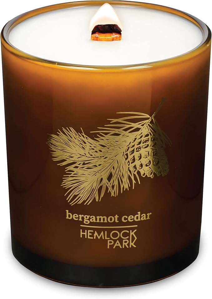 Hemlock Park Amber & Gold Wood Wick Candle Handcrafted with Natural Coconut Wax (Large 14 oz, Bergamot Cedar)