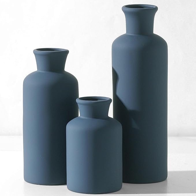 Ceramic Vase Set of 3, Neutral Modern Vases Home Decor Boho Vase Farmhouse Decor Flowers Pampas Vases for Table Mantel Entryway Shelf Living Room Kitchen Bathroom - Navy Blue