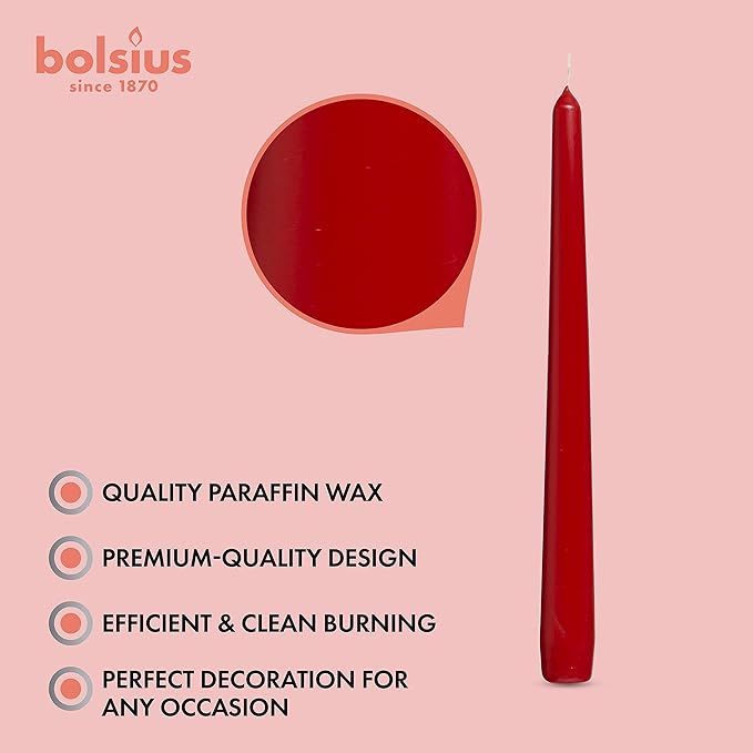 BOLSIUS Red Taper Candles - 4 Pack Unscented 10 Inch Dinner Candle Set - 8 Hours Burn Time - Premium European Quality - Smokeless and Dripless Household, Wedding, Party, and Home Decor Candlesticks