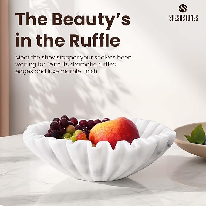 Marble Decorative Bowl 10 Inch Handmade White Fruit Bowl for Kitchen Counter - Large Ruffle & Scalloped Bowls for Dining, Coffee Table Centerpieces & Home Decor