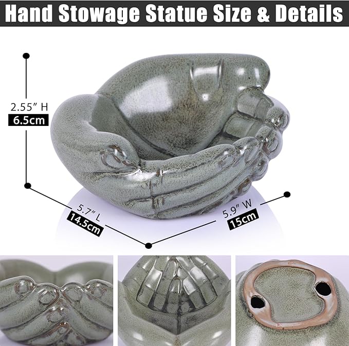 Ceramic Hands Bowl Dish Sculpture, Giving Hands Candy Holder for Succulent Planter, Crystal Rock Holder, Office, Keys Bowl for Entryway Table (Vintage Green)