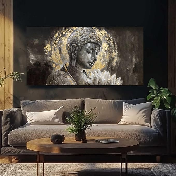 MLART99 Buddha Canvas Wall Decor White Lotus Painting Wall Art Gold and Grey Picture Prints Zen Art for Dining Room Modern Artwork 24x48 Inch