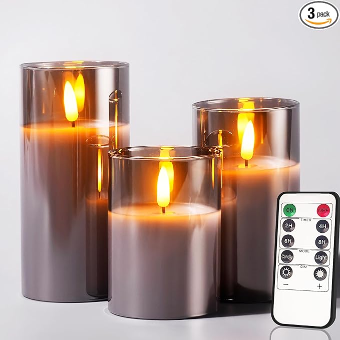 Tyawon Glass Battery Operated LED Flameless Candles with Remote and Timer, Real Wax Candles Warm Color Flickering Light for Festival Wedding Home Party Decor(Pack of 3)-Grey