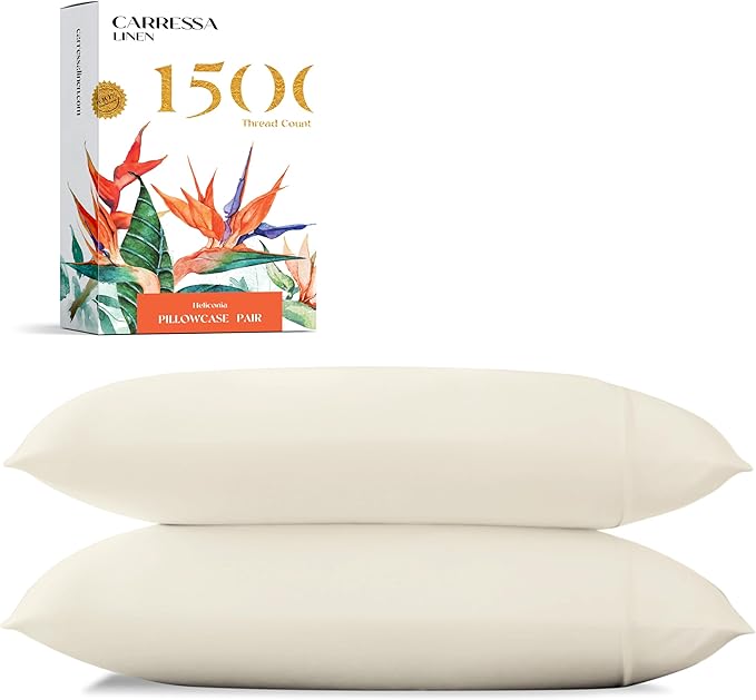 Carressa Linen 100% Egyptian Cotton Pillow Cases King Size Set of 2 - Luxury 1500 Thread Count Sateen Ivory Pillow Covers, Soft & Breathable 5 Star Hotel-Quality Pillowcases, Fits King Pillows