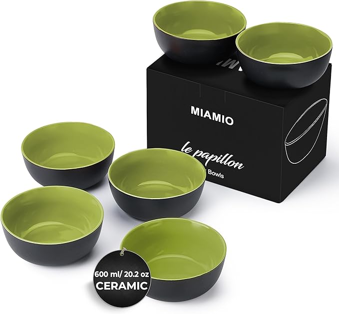 MIAMIO - 6 x 20.2 oz Stoneware Bowl Set Outside Black Inside Colourful - Le Papillon Collection (Green)