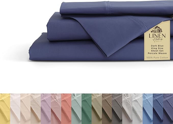 Linen Home 100% Cotton Percale Sheets King Size, Dark Blue, Deep Pocket, 4 Pieces Set - 1 Flat, 1 Deep Pocket Fitted Sheet and 2 Pillowcases, Crisp Cool and Strong Bed Linen