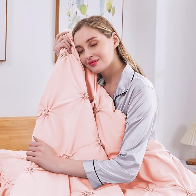 JOLLYVOGUE Pink/Ivory Cal King Size Comforter Sets 7 Pieces, Pintuck Bed in a Bag Comforter Set for Bedroom, Bedding Comforter Sets with Comforter, Sheets,Ruffled Shams & Pillowcases