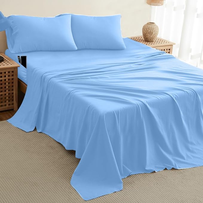 DREAMCARE Twin XL Sheet Set - Cooling Bed Sheets - 4pcs Set - up to 15" Deep Pocket - Soft & Long Lasting 100% Fine Brushed Polyester with Side Pocket - Light Blue