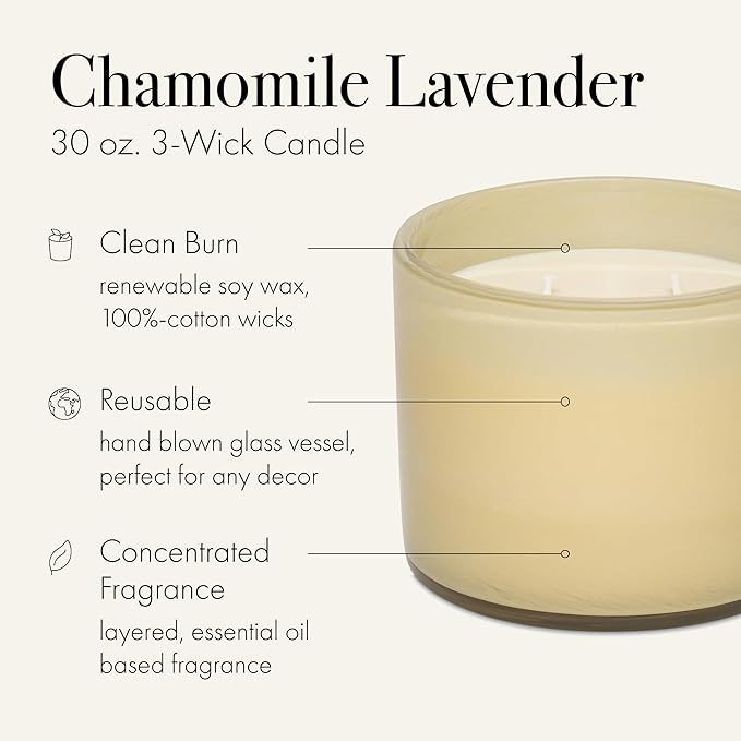 LAFCO New York 3-Wick Candle, Chamomile Lavender - 30 oz - 120-Hour Burn Time - Reusable, Hand Blown Glass Vessel - Made in The USA