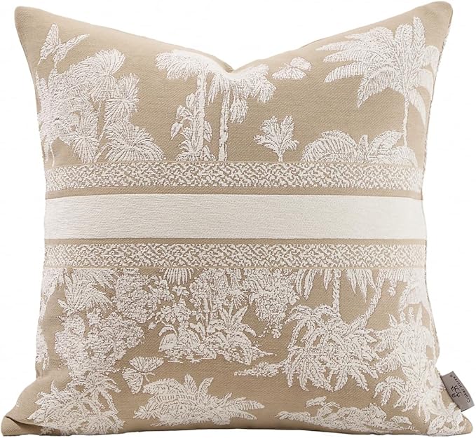 Premium Throw Pillow Covers 20x20 Inches - Oatmeal Jungle with White Palm Tree Chenille Jacquard Embroidery Decorative Couch Pillow Covers for Living Room Bedroom Sofa