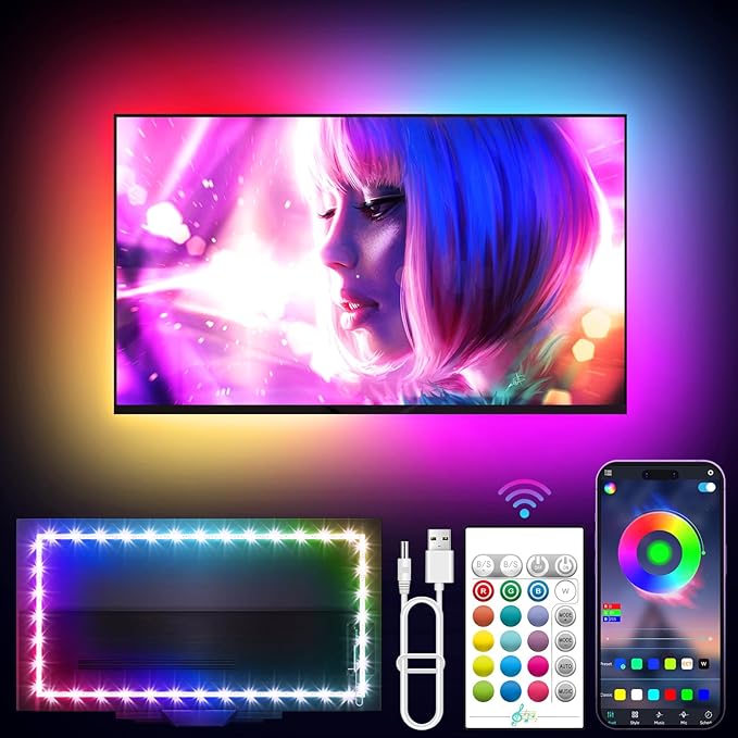 TV LED Backlight, 9.84ft LED Lights for 32-43in TV, RGB TV Lights Behind with Music Sync Bluetooth APP and Remote Control Strip Light USB Powered for Bedroom Home Decor