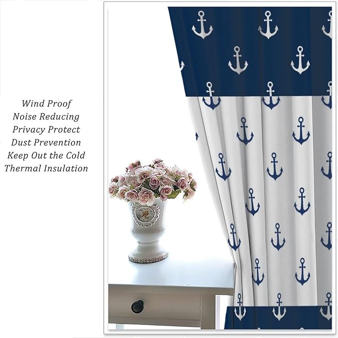 Anchor Pattern Curtains, Nautical Theme Navy Blue White Anchor Sea Life Adventure Print Blackout Window Treatments for Living Room Boys Men's Bedroom 63x63in
