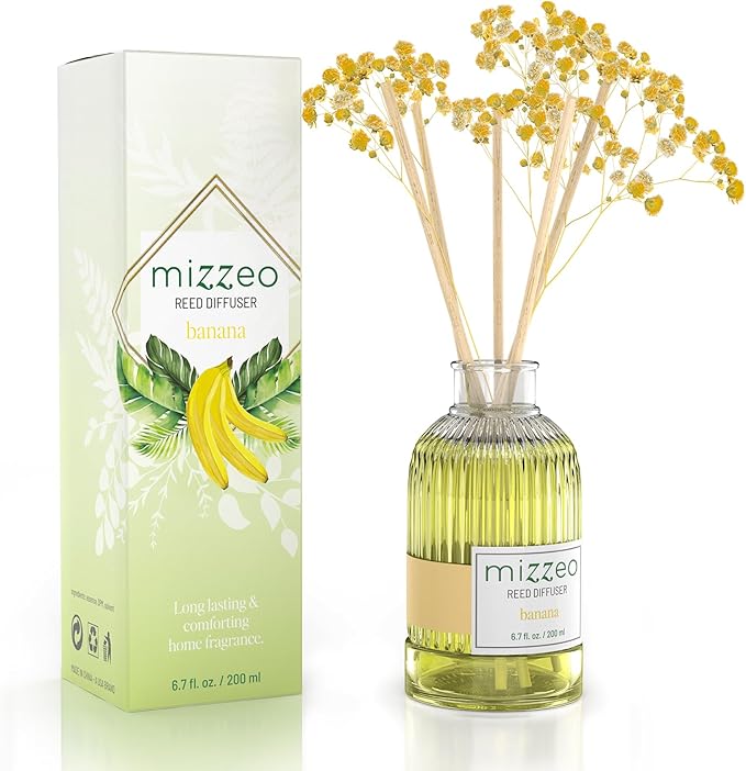 MIZZEO Reed Diffuser Set, Banana 6.76 fl oz Highly Scented Room Diffuser Home Fragrance Essential Oil Reed Flower Diffuser, House Bedroom Office Decor & Gifts