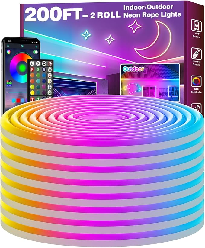 FBZ 200Ft Led Rope Lights, Flexible Neon Lights Control with App/Remote, Multiple Modes, IP65 Outdoor RGB Waterproof, Music Sync Gaming Light Strip for Bedroom Decor