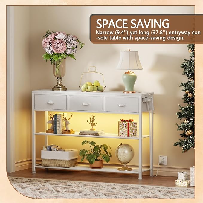 Furologee 38in Console Table with 3 Drawers, Small Sofa Table with Lights and Power Outlets, Hallway Tables with 3-Tier Shelves, White Narrow Console Table for Entryway, Living Room, Couch, Foyer