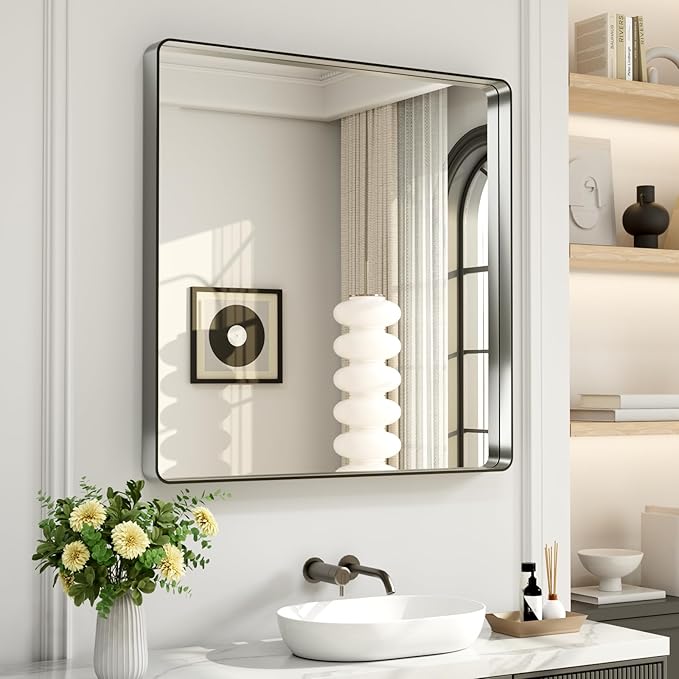 LOAAO 38X38 Inch Brushed Nickel Bathroom Mirror, Rounded Rectangle Silver Metal Frame Mirror, Brushed Nickel, Anti-Rust, Shatter Proof, Hangs Horizontally or Vertically