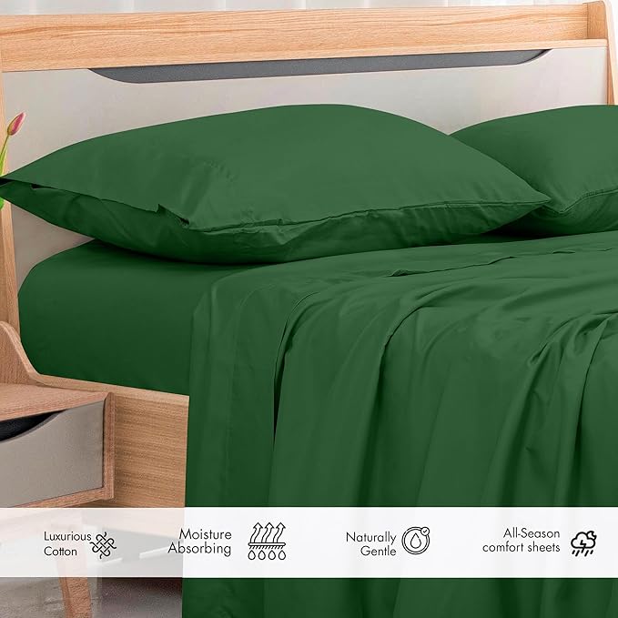 Royale Linens 300 Thread Count 100% Long Staple Combed Cotton Flat Sheet - Super Soft- Top Sheets- Twin Flat Sheet Sold Separately - Breathable, Cool & Crisp Percale Sheets Only (Twin, Hunter Green)