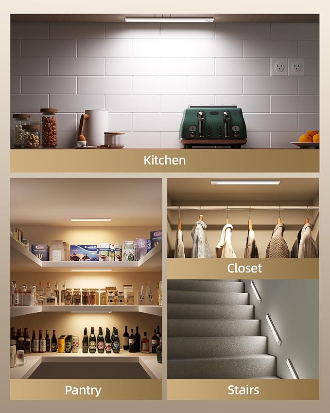 Under Cabinet Lighting Wireless,Rechargeable Battery Motion Sensor Light Indoor,LED Closet Lights USB Charging,3 Color Dimmable Under Cabinet Lights for Kitchen, Cabinet, Wardrobe (3 Pcs)12in