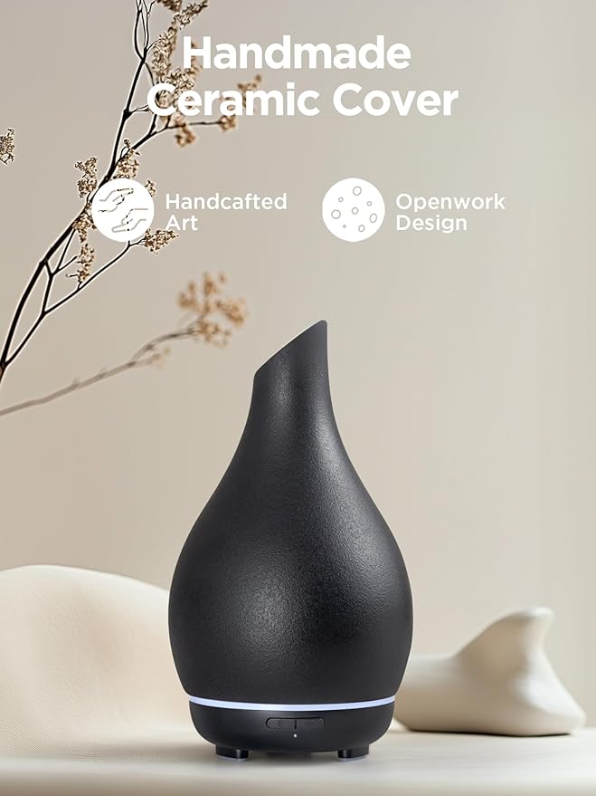 InnoGear Essential Oil Diffuser, 150ml Ceramic Diffuser Handcrafted Stone Aromatherapy Diffusers Ultrasonic Cool Mist Humidifier Vaporizer 2 Mist Modes Waterless for Home, Black Vase-Shaped Ceramic