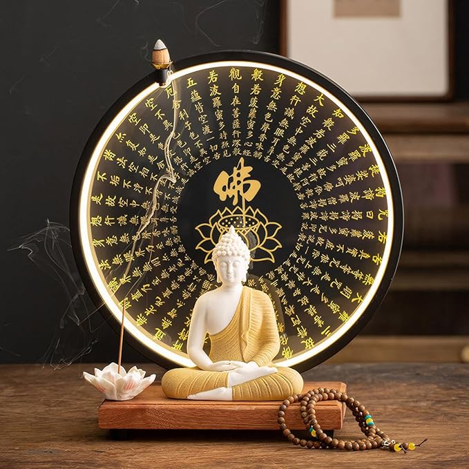 Shakyamuni Buddha Ceramic Statue Indoor Backflow Incense Burner with Led Ring Light Heart Meridian Painting，Meditation Decoration for Home and Office, Suitable for Cone and Stick Incense