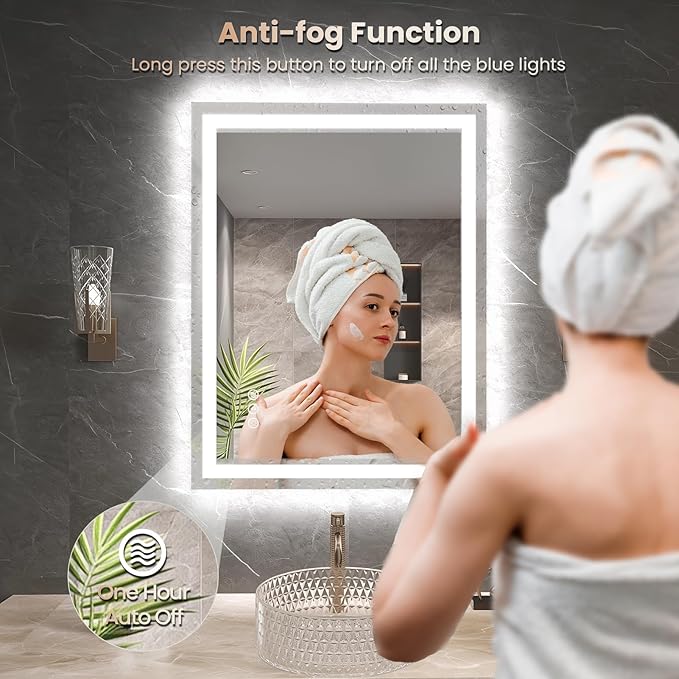 24"X36" LED Bathroom Mirror with Front Lights and Backlit, Anti-Fog, Dimmable, Shatter-Proof Tempered Glass, Lighted Bathroom Vanity Mirror for Wall with 3 Colors, Memory Function